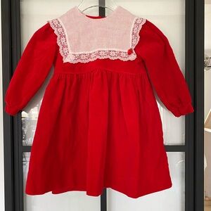 Vintage Little Star Girls Red Velvet Lace Long Sleeve A-Line Dress Size 4T